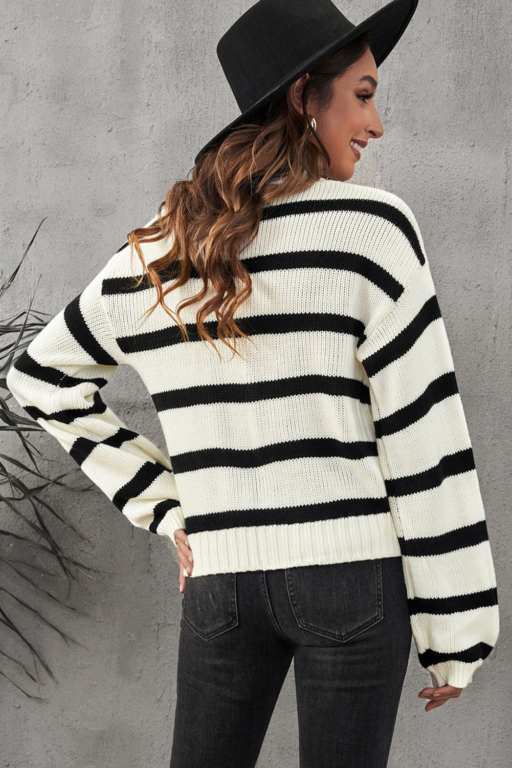 Striped V-Neck Buttoned Open Front Knitted Sweater