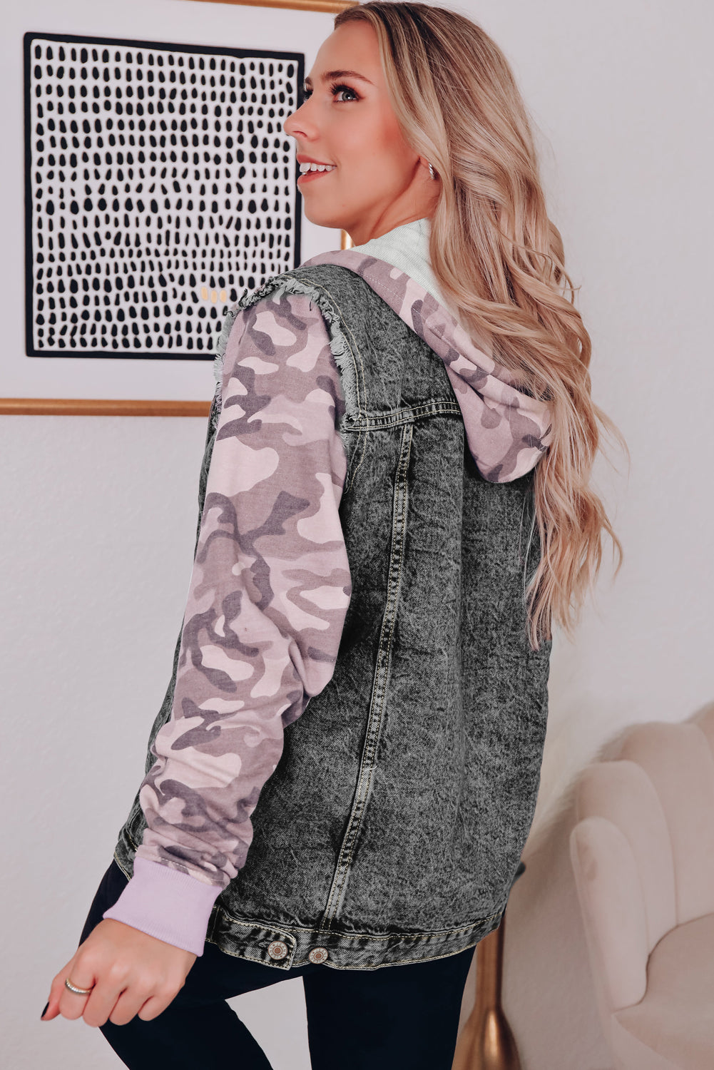 Black Camo Sleeve Hooded Buttoned Denim Jacket