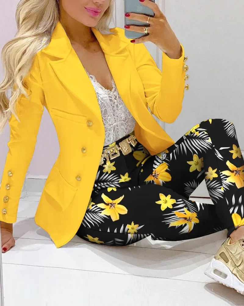 New 2025 Formal Office Pant Sets Women 2PCS Double Breasted Solid Blazers Jacket and Pants Two Pieces Set Female Pant Suits Sets