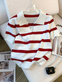 2024 New Striped Pattern Collared Sweater Versatile Short Sleeve Knitted Top For Spring & Summer Women's Clothing Crop Top