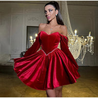 Elegant Velvet Strapless Mini Dresses Women Solid Off Shoulder Long Sleeved Dress Female 2025 Autumn Chic Evening Party Robes