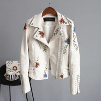 Women Floral Print Embroidery Faux Soft Leather Jacket Coat Turn-down Collar Casual Pu Motorcycle Black Punk Outerwear