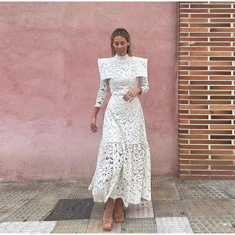 Elegant Hollow Out  Lace Maxi White Dress Women's Fashion Mock Neck Long Sleeved Shoulder Padded Robe 2024 Evening Females Wear