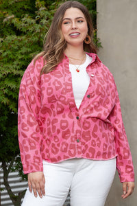 Pink Plus Size Leopard Print Button Cuffs Raw Hem Jacket