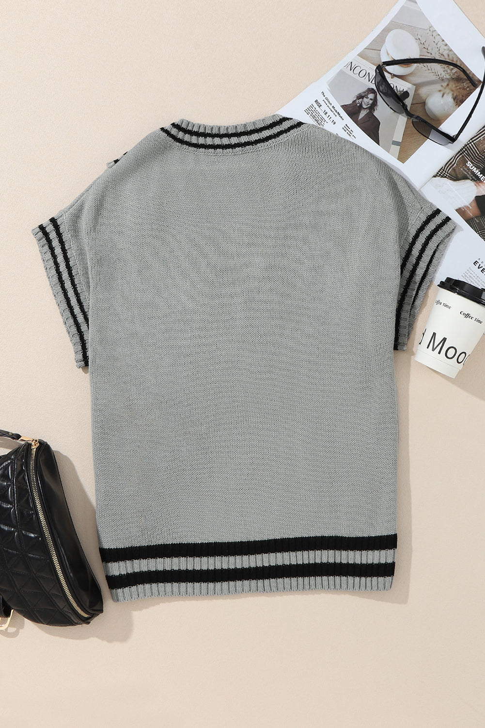 Gray V Neck Contrast Stripes Trims Short Sleeve Sweater