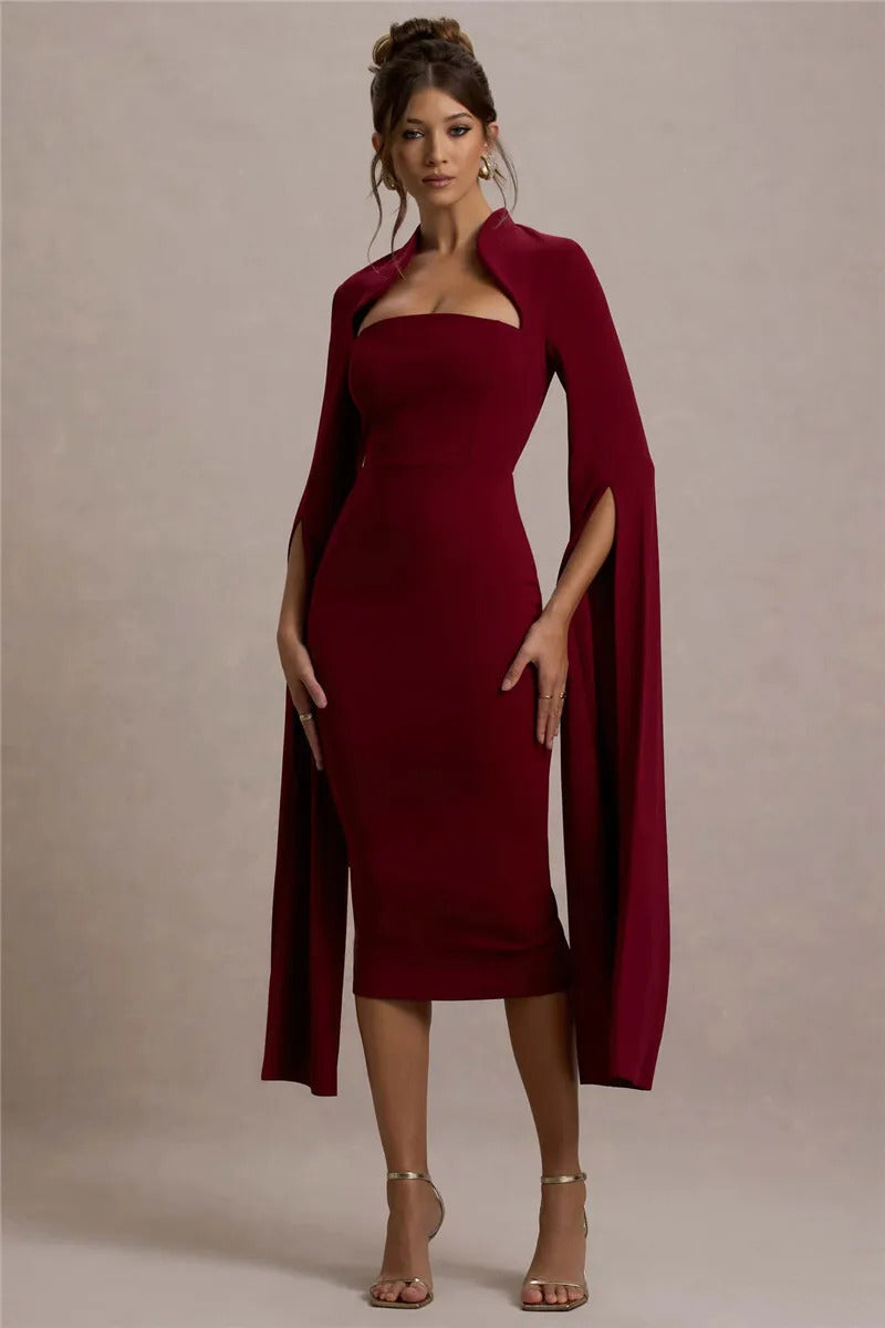 Mozision Cape Long Sleeve Sexy Midi Dress For Women Autumn Winter New Square Collar Back Slit Bodycon Club Party Long Dress