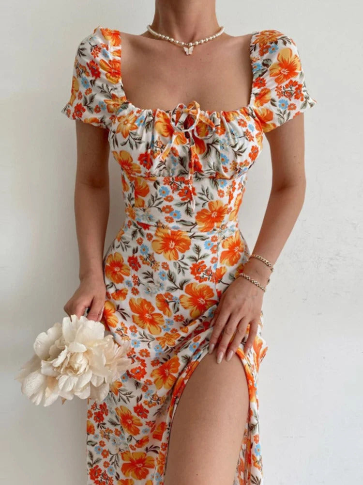 Sexy Floral Print Short Sleeve Hip Wrap Party Dress Elegant Off Shoulder Backless Dress New Summer Waist Slit Boho Long Dresses