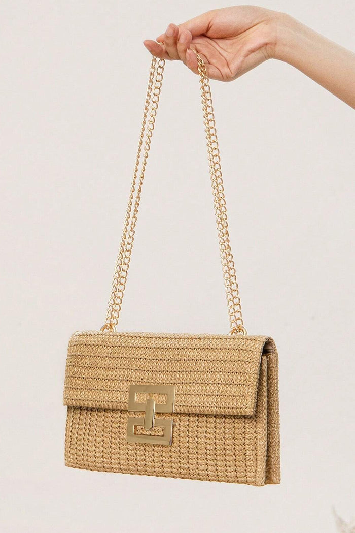 Beige Minimalist Braided Flap Chain Strap Shoulder Bag