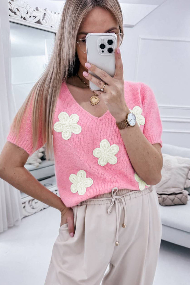 Pink Flower Crochet V Neck Short Sleeve Sweater