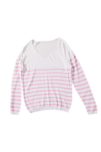 Pink Striped V Neck Long Sleeve Sweater