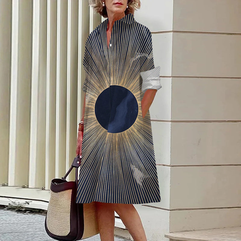 Floral Pattern Shirt Dress Elegant Women's Summer Casual Lapel Long Sleeve Midi Dress High Temperament Fashion Street Shirt