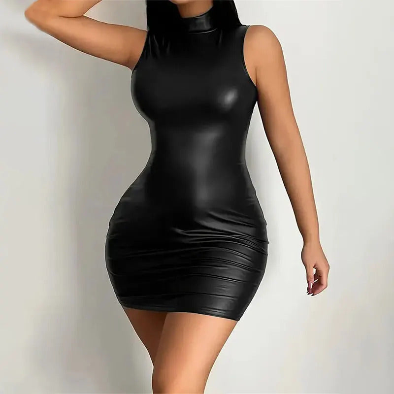 Women Summer Sexy Party Strapless Bodycon Pu Leather Slim Package Hip Black Club Party Mini Short Dress Sundress Female Clothing