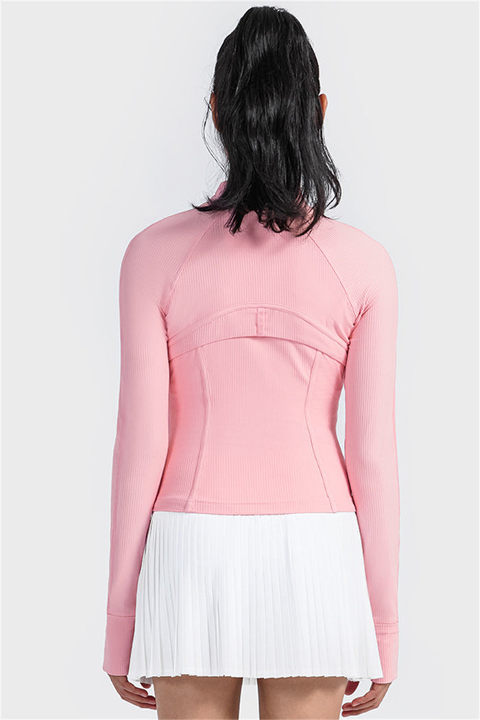 Pink Ribbed Stitching Thumbhole Sleeve Zip Up Active Top