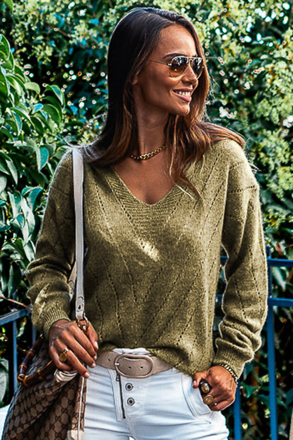 Sage Green Solid Eyelet Drop Shoulder V Neck Sweater