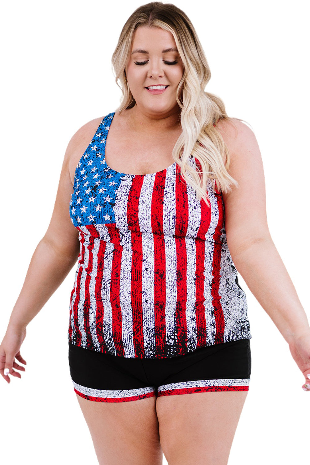 Multicolor Multicolor Multicolor American Flag Print Tankini Plus Size Swimwear