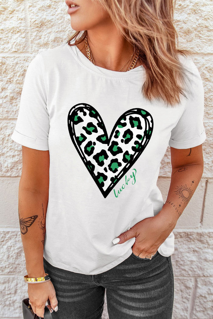 White Lucky Leopard Heart Print St Patricks Day T Shirt