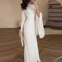 Fashion Satin Solid Robe Dress Ladies Temperament O-neck Slim Evening Dress Elegant Batwing Sleeves High Waist Pleats Long Dress