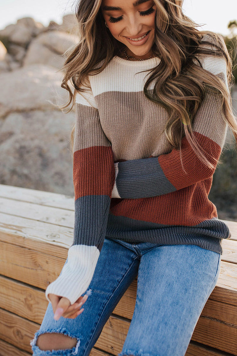 Chestnut Color Block Knitted O-neck Pullover Sweater