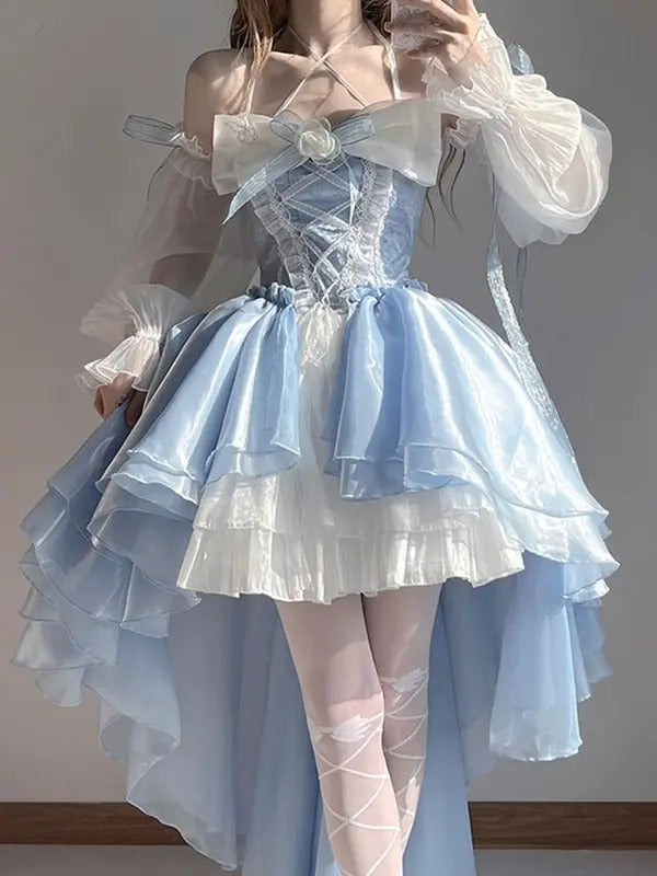 French Romantic Style Lolita Op Elegant Girl Cosplay Princess Puff Sleeve Ribbon Bowknot Flower Tunic Mesh Fantastic Fairy Dress