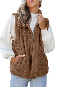 Brown Snap Button Pocketed Sherpa Vest Jacket