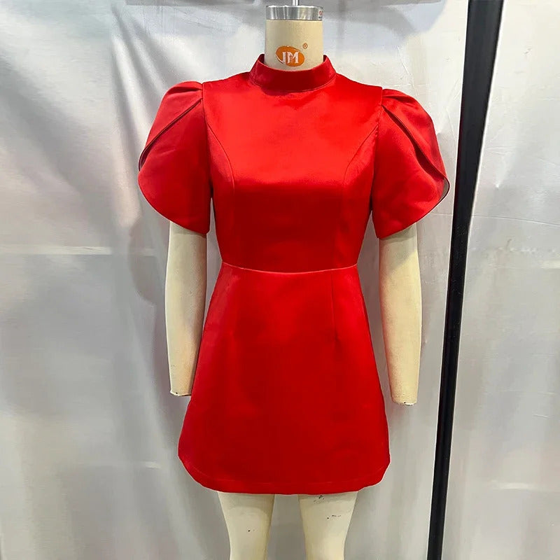 Elegant Bow Hallow Out Mini Dress Women Red O-neck Short Sleeve High Waist A-line Dresses Female 2024 Fashion Party Evening Robe