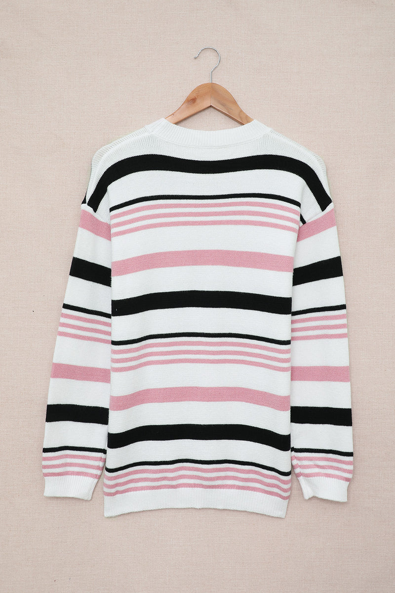 Pink Striped Crewneck Long Sleeve Sweater