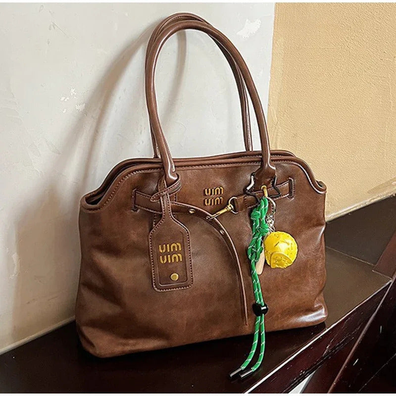 Women's Retro Brown Shell Bag Popular Large Capacity Multiple Compartments Briefcase High Quality Fashion Shoulder Tote Bag