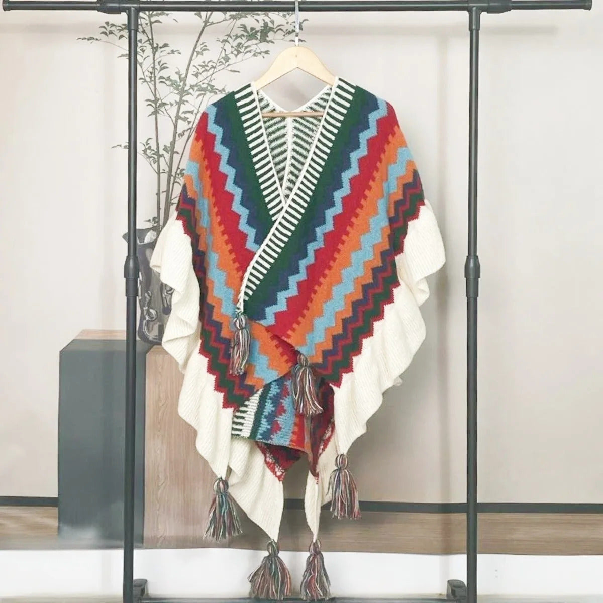 Women Ethnic Style Poncho Capes Ladies Fashion Stripe Colorful Knit Oversized Poncho Wrap Fringed Shawl Bohemian