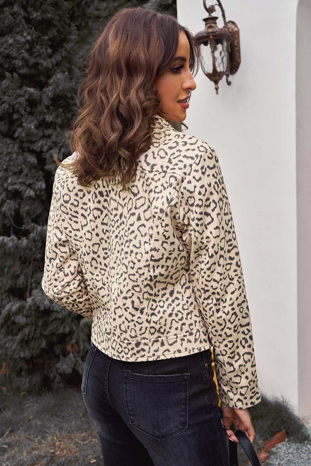 Leopard Print Zipper Lapel Collar Jacket