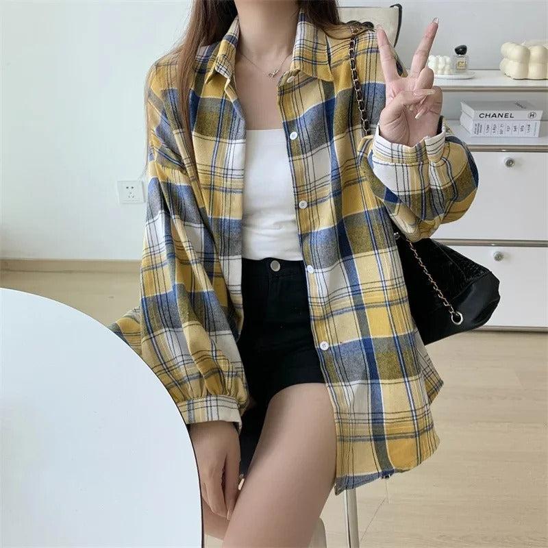 Plaid Shirt Women Autumn Long Sleeve Top Female Vintage Fashion Single Breasted Blouse Ladies Preppy Style Loose Check Shirts