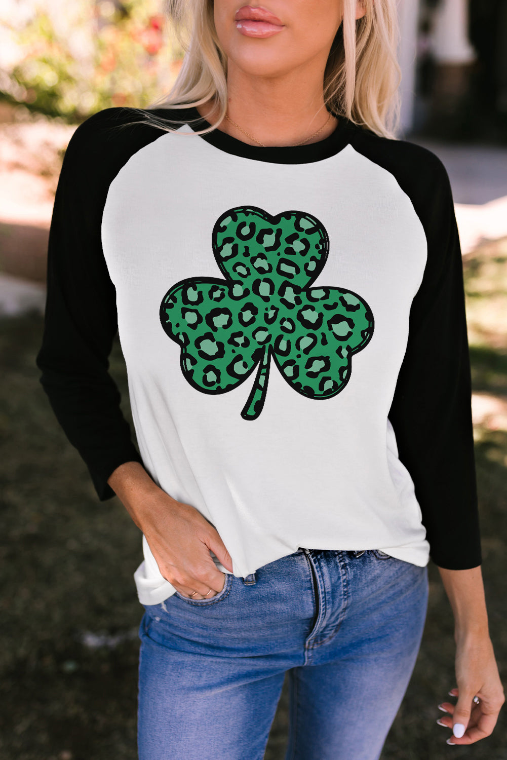 Black Leopard Spotted Clover St Patrick Graphic Long Sleeve Tee