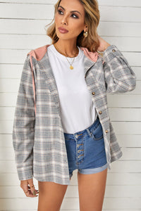 Khaki Drawstring Plaid Hooded Shacket