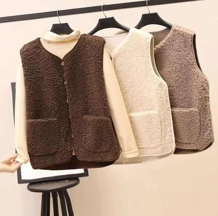 Vests New Spring Autumn Women Button Waistcoat Lamb Hair Winter Thermal Warm Thick Fleece Vests Sleeveless Jacket Ladies Coats