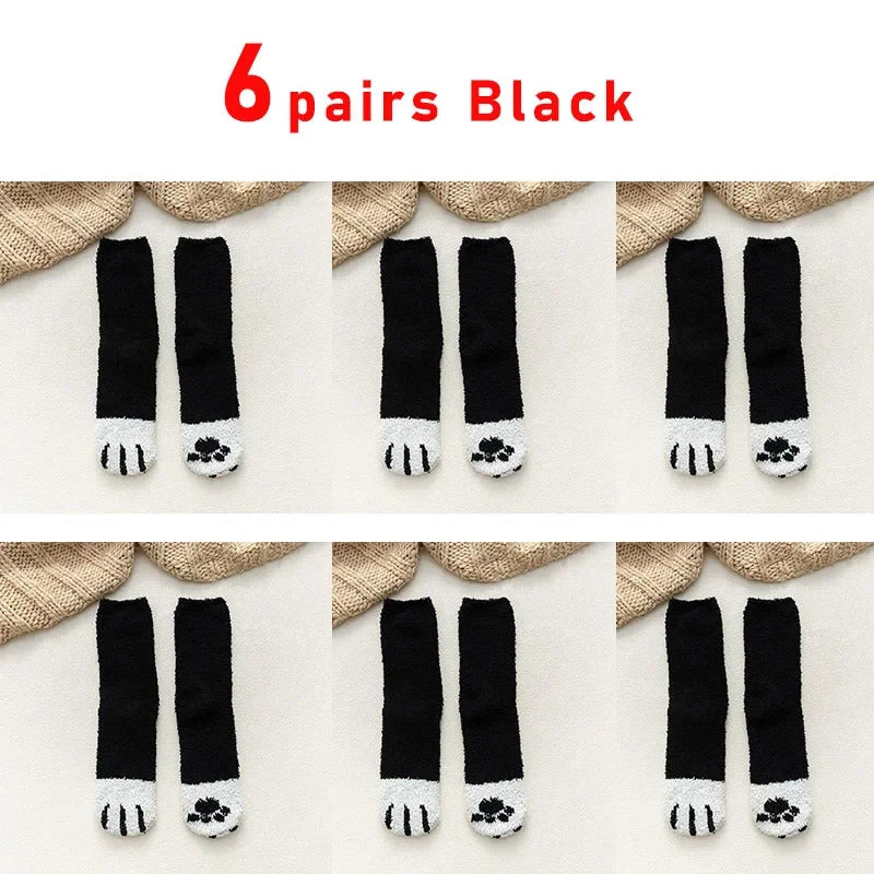 6 pairs Woman socks Set Cartoon Cute 3D Dog Cat Paw Pattern Winter Female Fleece Warm Home Floor Sleeping Thick Socks Wholesale