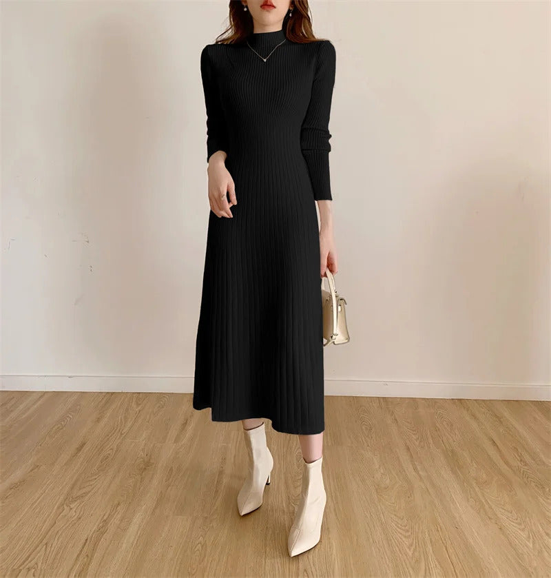 Autumn Winter 2023 Slim Long Sleeve Party Midi Dress for Women Knitted Half High Collar Elegant Knitted Sweater Dresses Ladies