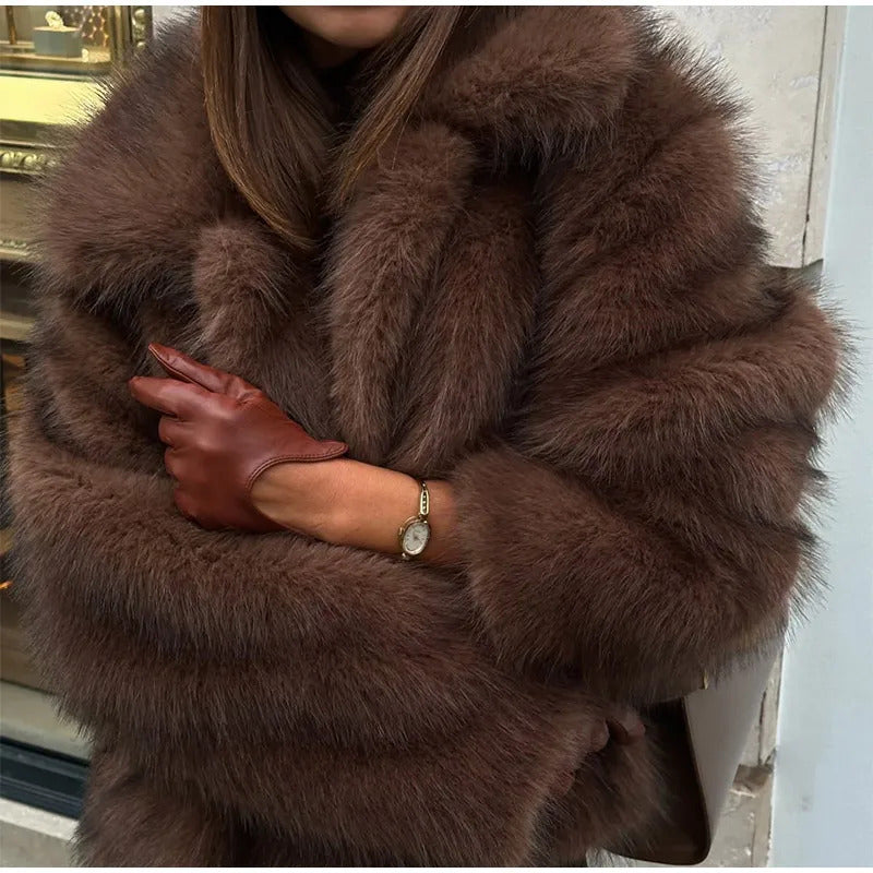 Luxury Solid Warm Faux Fur Jacket For Women Warm Lapel Fluffy Plush Long Sleeve Coat 2025 Winter New Lady Commuting Outerwear