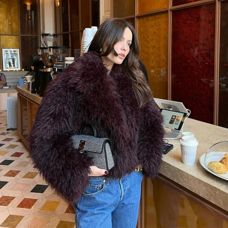 Wine Red Fluffy Faux Fur Short Coat Women Elegant Full Sleeve Warm Lapel Jacket New Winter Woman Commuter Outerwear 2024