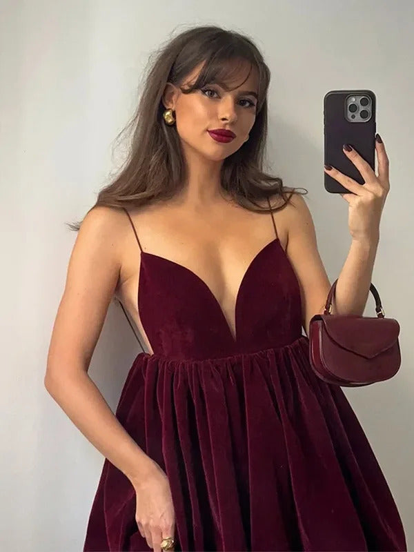 Sexy Lady Strap Deep V Neck Slim Velvet Woman Mini Dress Chic Solid Sleeveless Backless Dresses New Fall Evening Party Vestidos