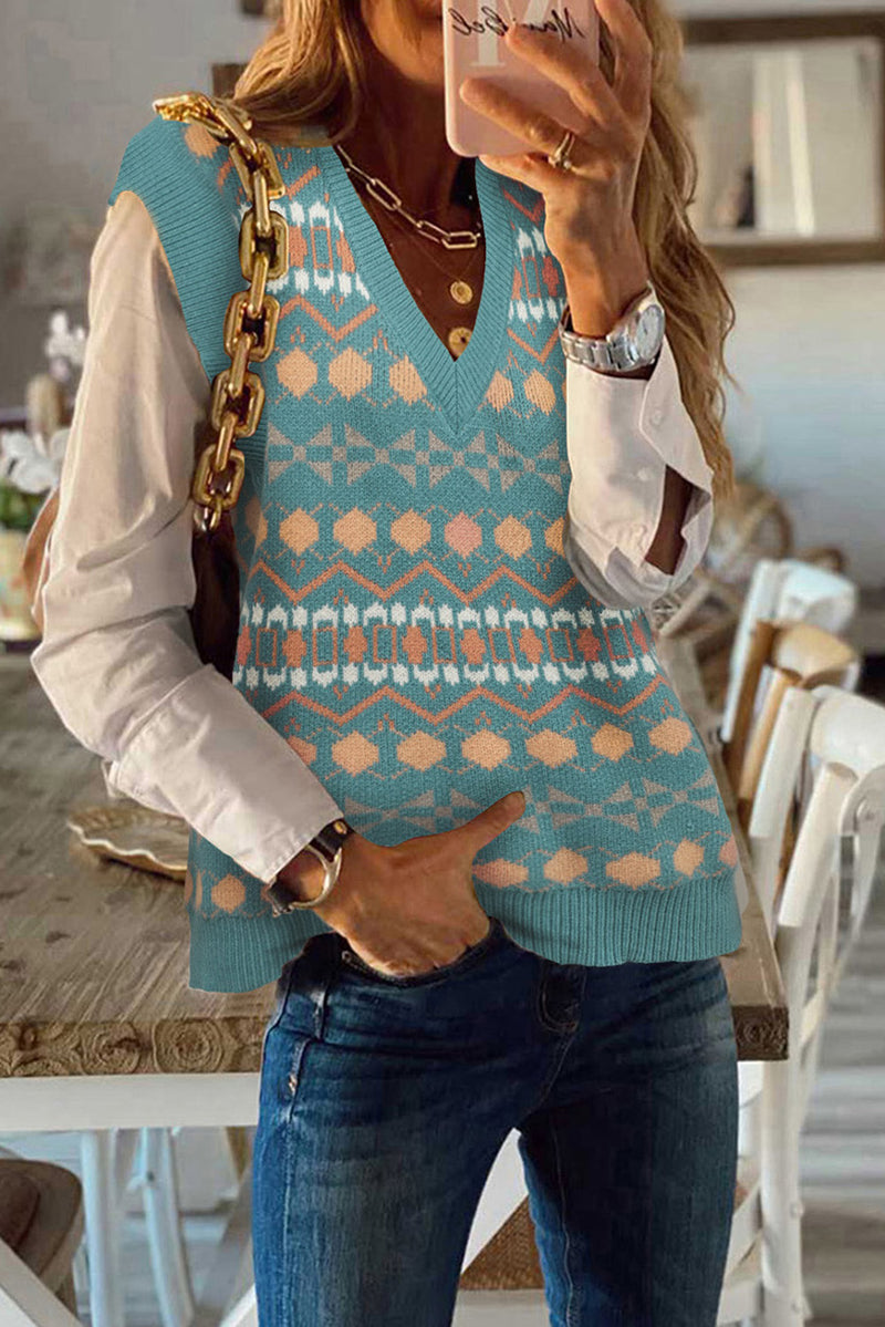 Sky Blue Tribal Print V Neck Knitted Sweater Vest