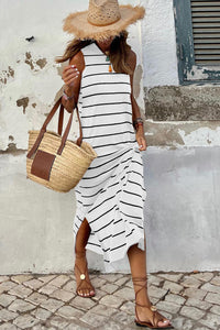 Women's Stripe Print Open Back Sleeveless Tank Maxi Dress with Slits