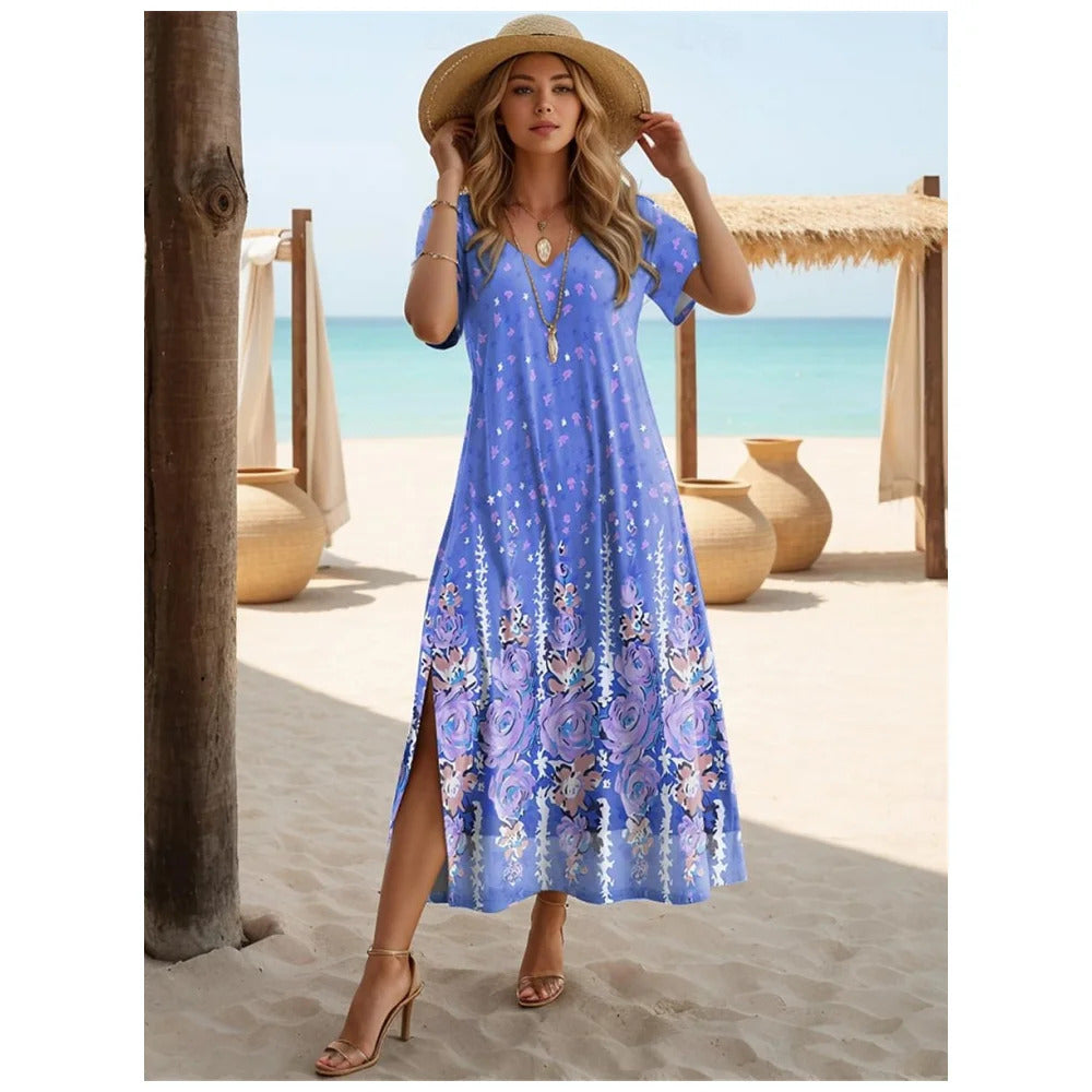 Elegant Dresses For Women Holiday V-Neck Long Dress 3d Vintage Flowers Print Short Sleeve Slit Skirt Summer New Beach Dresses