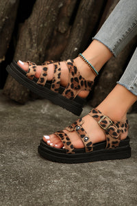 Chestnut Leopard Print Hollow Out Wedge Sandals