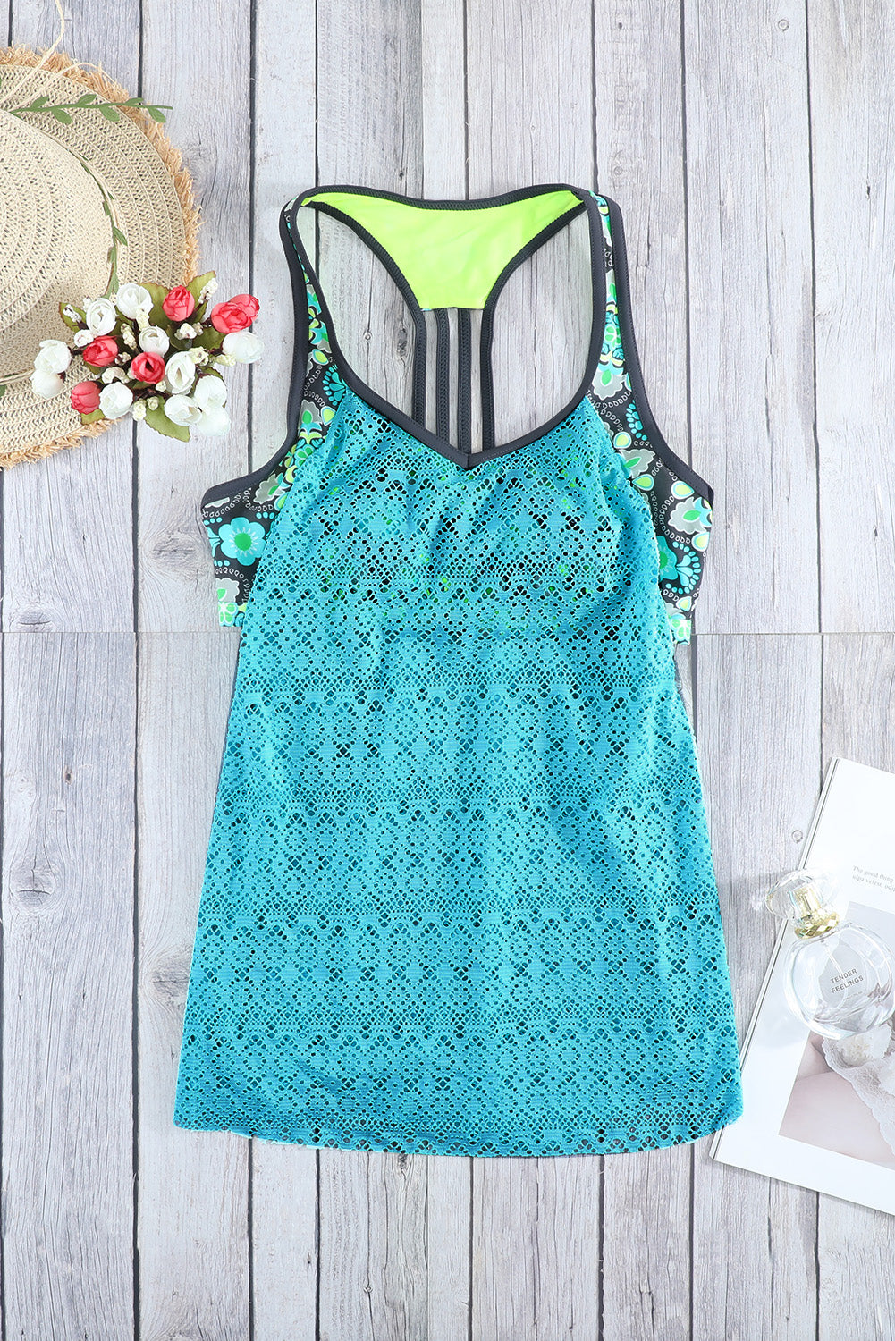 Green Printed Patchwork Vest Tankini Top