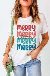 White Merry Christmas Letter Print Crew Neck T Shirt