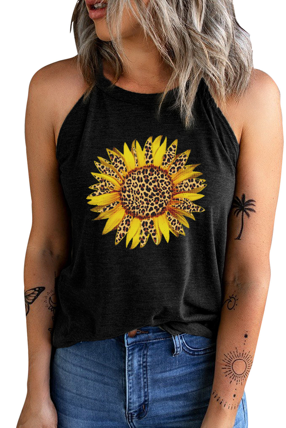 Black Sunflower Leopard Printed Short Sleeve Graphic Tee