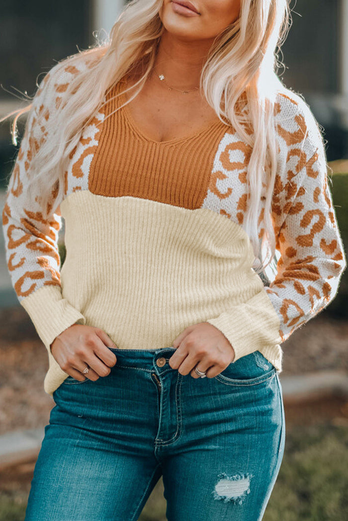 Orange Colorblock Leopard V Neck Sweater