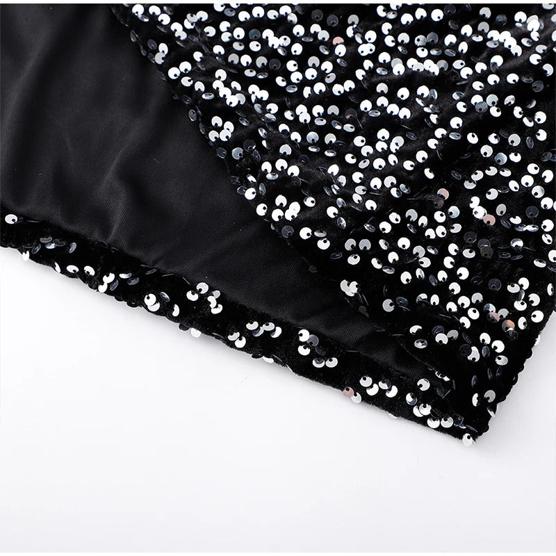 Sexy Sequin Velvet Sleeveless Dress Women Black Shinny V-neck A-line Loose Evening Dresses Female 2025 Fashion Solid Party Robe