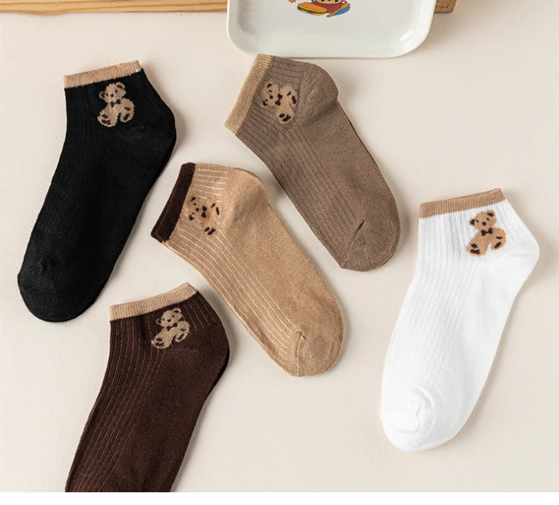 4/5/6/8 Pairs of Cute Teddy Bear Short Socks with Shallow Mouthed Spring and Summer Casual Matching Short Tube Boat Socks