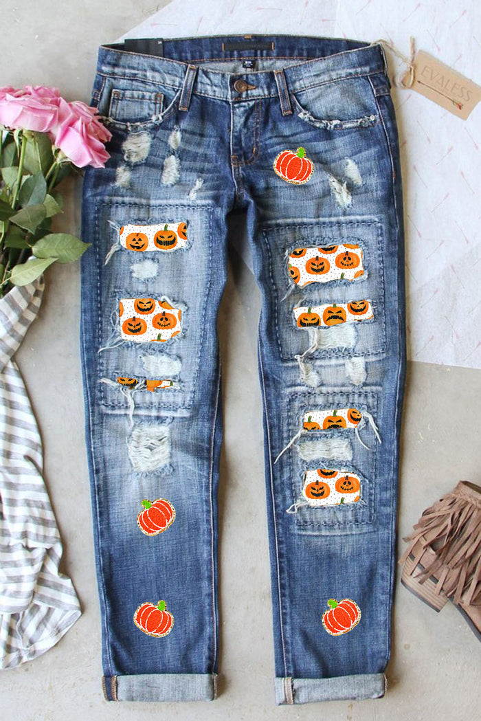 Sky Blue Ripped Pumpkin Patchwork Halloween Straight Jeans