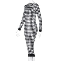 Houndstooth Print Women Long Sleeve Midi Dress Hollow Out Bodycon Sexy Streetwear 2022 Autumn Winter Club Elegant Slim